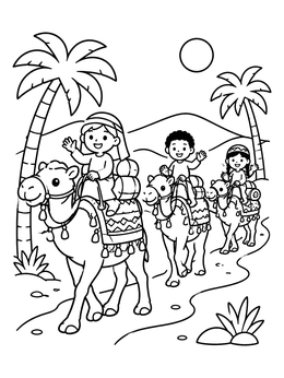 Free printable Three Kings Caravan Riding Camels coloring page
