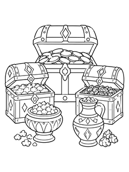 An epiphany coloring page featuring ornate treasure chests and urns filled with gold, frankincense, and myrrh.