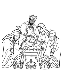 A serene epiphany coloring page showing the three wise men placing their crowns before baby Jesus and Mary.