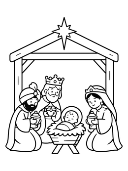 Free printable Three Wise Men Visiting Baby Jesus coloring page