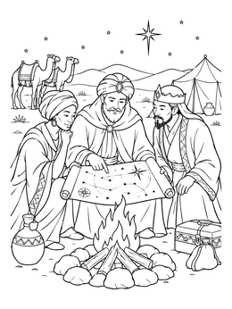 Three Wise Men around a campfire reading a scroll map in this epiphany coloring page.