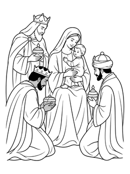 An epiphany coloring page showing the three Magi bringing gifts to Mary and Baby Jesus.