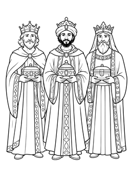 Three crowned kings holding precious gifts in an epiphany coloring page.