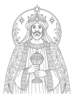 A wise king holds an ornate chalice on this epiphany coloring page.