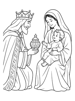 A kneeling wise man presenting an urn to Mary and Jesus in an epiphany coloring page.