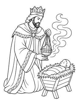 A crowned wise man holds an incense burner beside the sleeping baby Jesus in this epiphany coloring page.