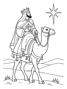 A wise king rides a camel toward the star of Bethlehem in this epiphany coloring page.