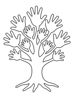 An inspiring equality coloring page featuring a symbolic tree with branches made of handprints.