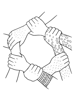 An equality coloring page showing diverse hands connected in a supportive ring.