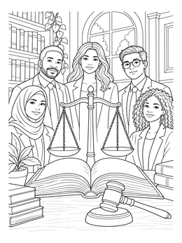 A diverse group of lawyers stands behind law books in this equality coloring page.