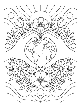 Heart-shaped hands around the globe with blooms on this equality coloring page.