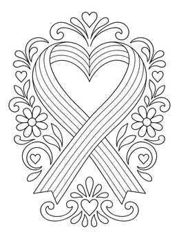 An equality coloring page showing a striped heart awareness ribbon framed by floral curls.