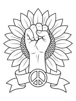A raised fist framed by sunflower petals and a peace banner in an equality coloring page.