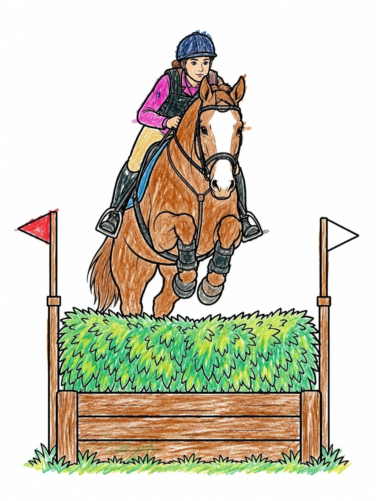 Colored example of the Equestrian Jumping Over Brush Fence coloring page