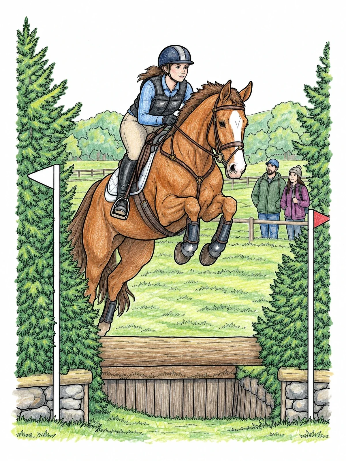 Colored example of the Equestrian Horse Leaping Over Cross Country Fence coloring page