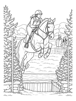 Free printable Equestrian Horse Leaping Over Cross Country Fence coloring page