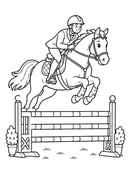 Free printable Equestrian Rider Jumping Over Obstacle coloring page