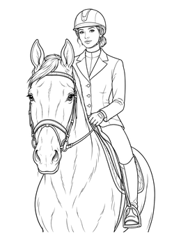 An equestrian woman riding atop her steed in this detailed horse coloring page.