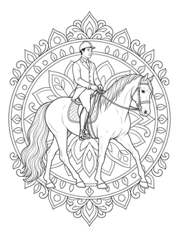 An adult tennessee walking horse coloring page showing a rider framed by an ornate mandala.