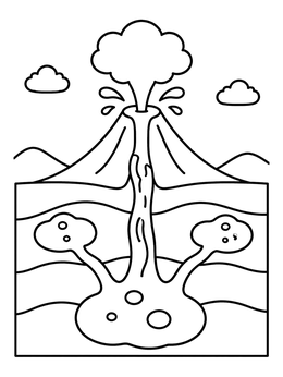 A simple cross-section volcano coloring page showing underground magma chambers erupting into the sky.