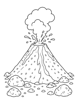 An erupting volcano coloring page with flowing lava and billowing smoke surrounded by rocks.
