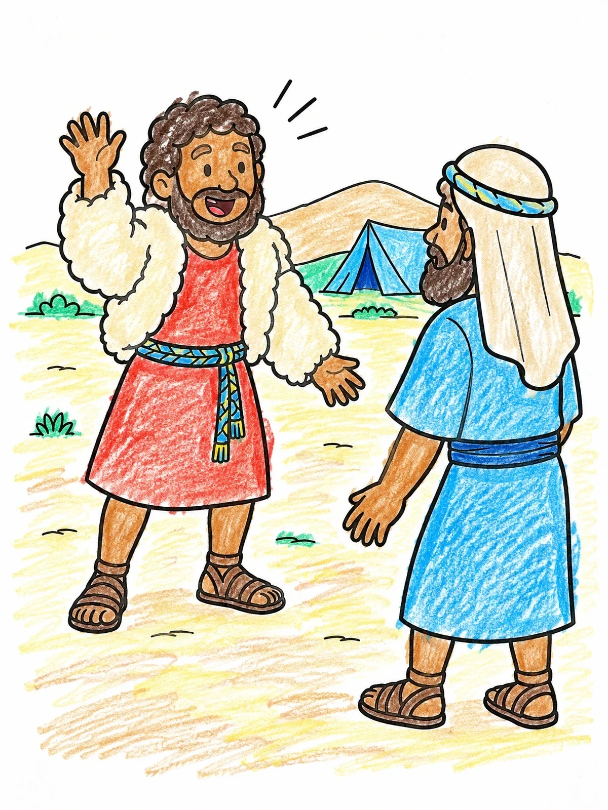 Colored example of the Esau Happily Waving To Jacob coloring page