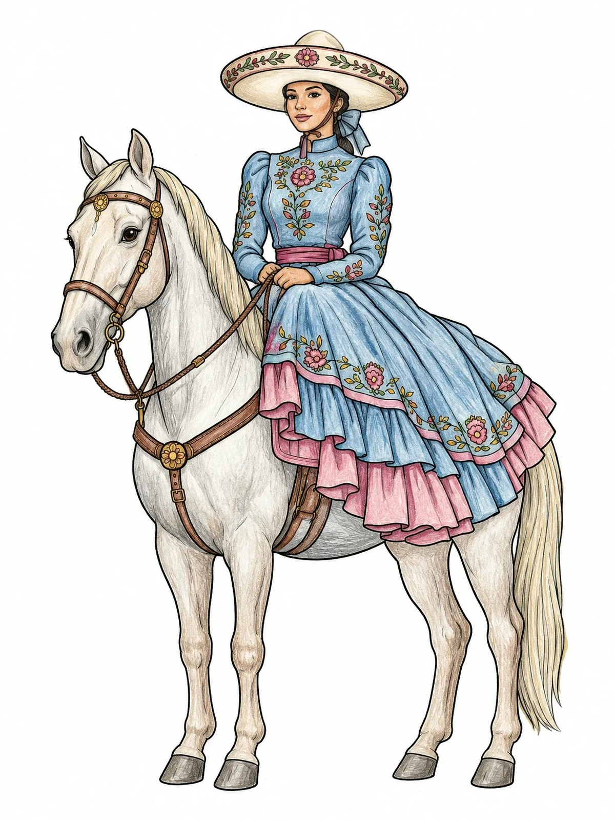 Colored example of the Escaramuza Rider On Horseback coloring page