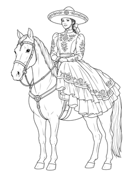 An escaramuza rider on a horse features in this charro days coloring page.