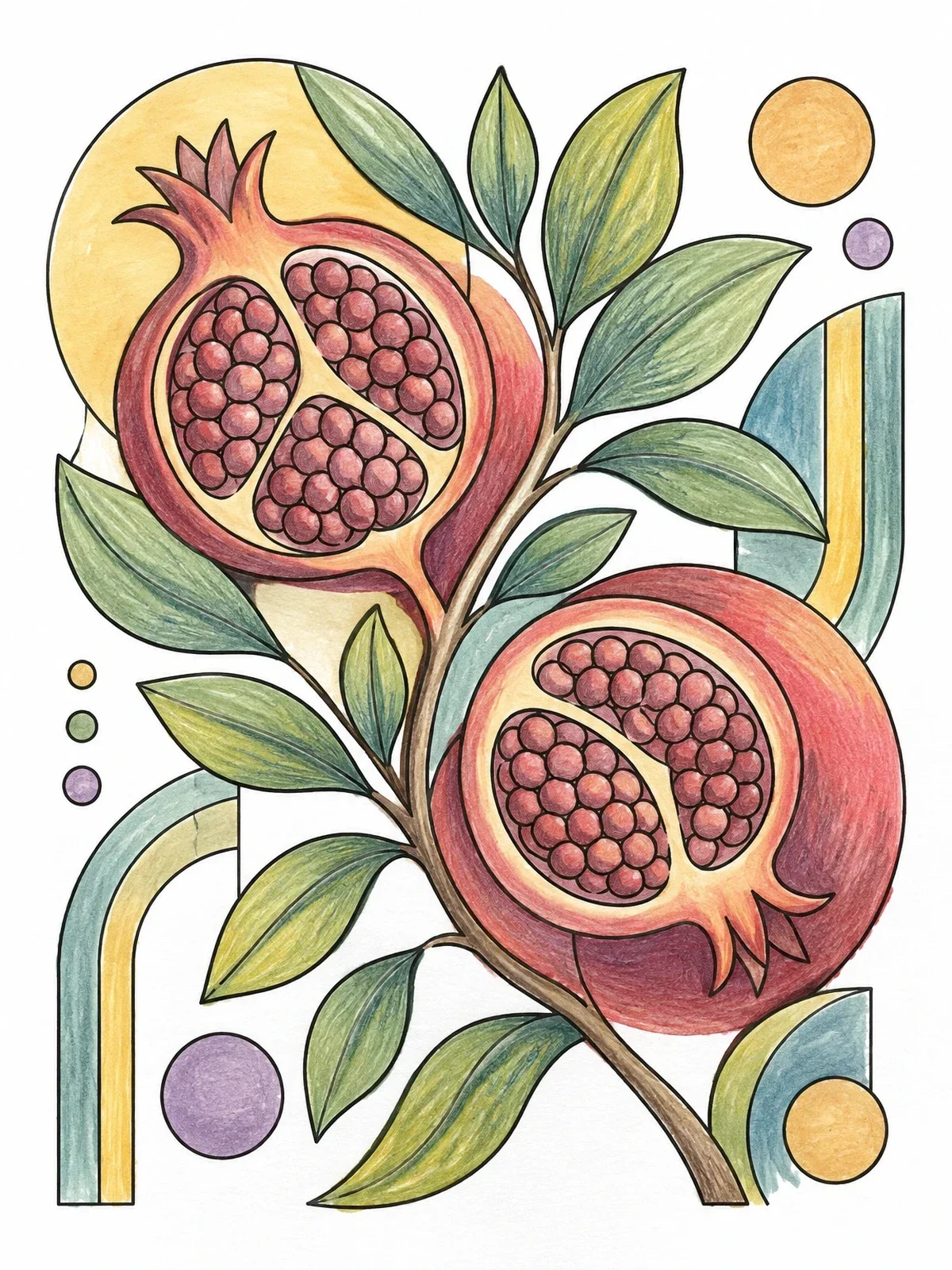 Colored example of the Decorative Pomegranate Branch With Seeds coloring page
