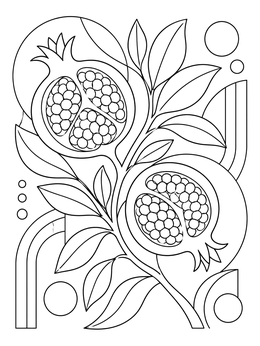Detailed esther coloring page featuring open pomegranates and geometric motifs.