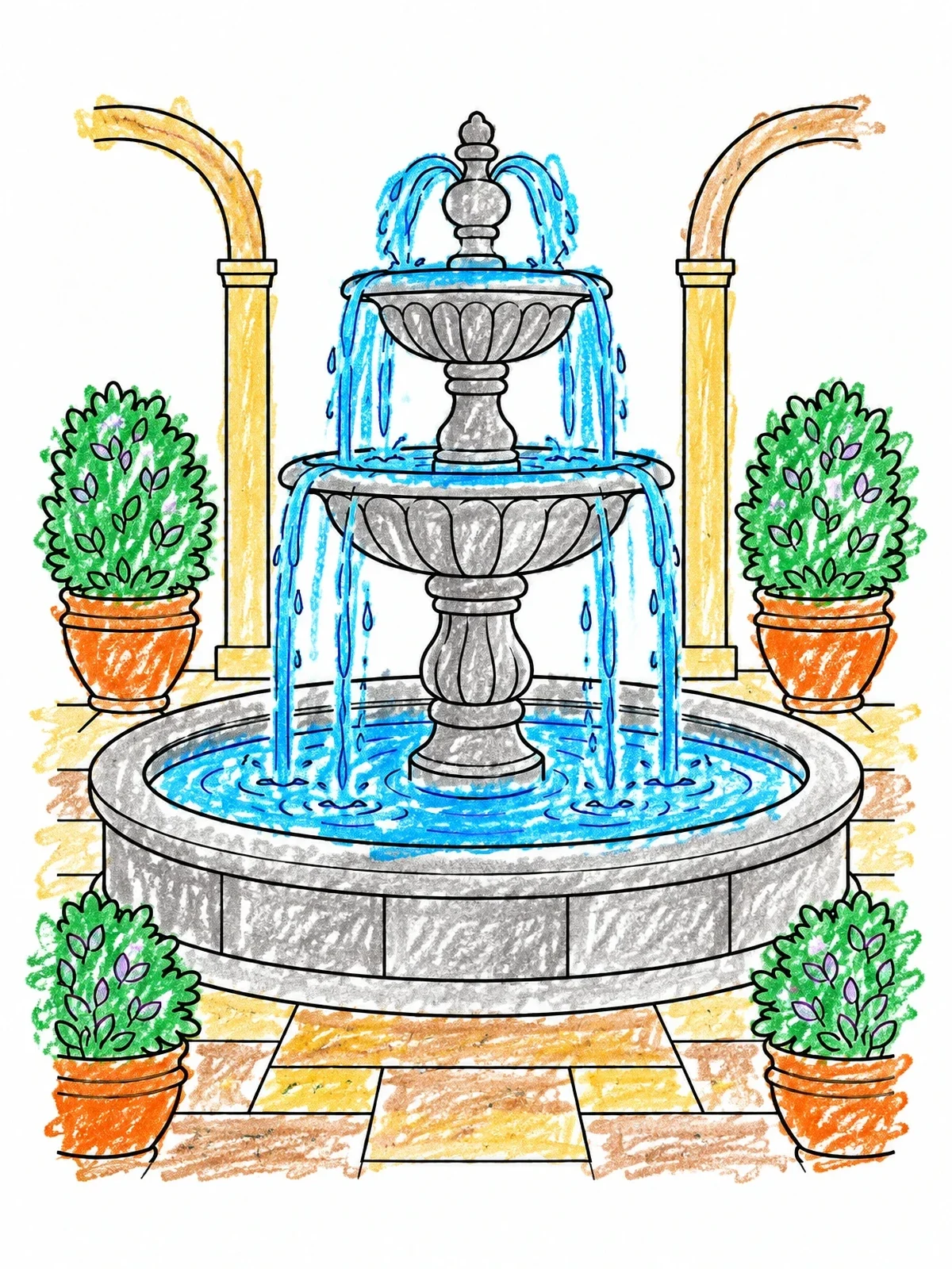 Colored example of the Palace Courtyard Stone Fountain coloring page