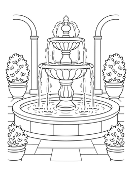 A serene palace courtyard fountain in this Esther coloring page with potted plants and arches.