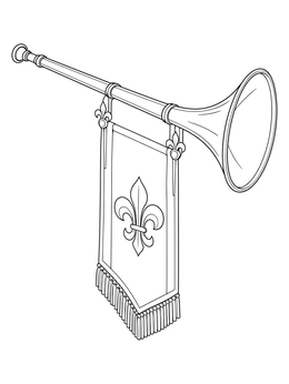 Royal fanfare trumpet with a decorative fleur-de-lis banner featured on this esther coloring page.