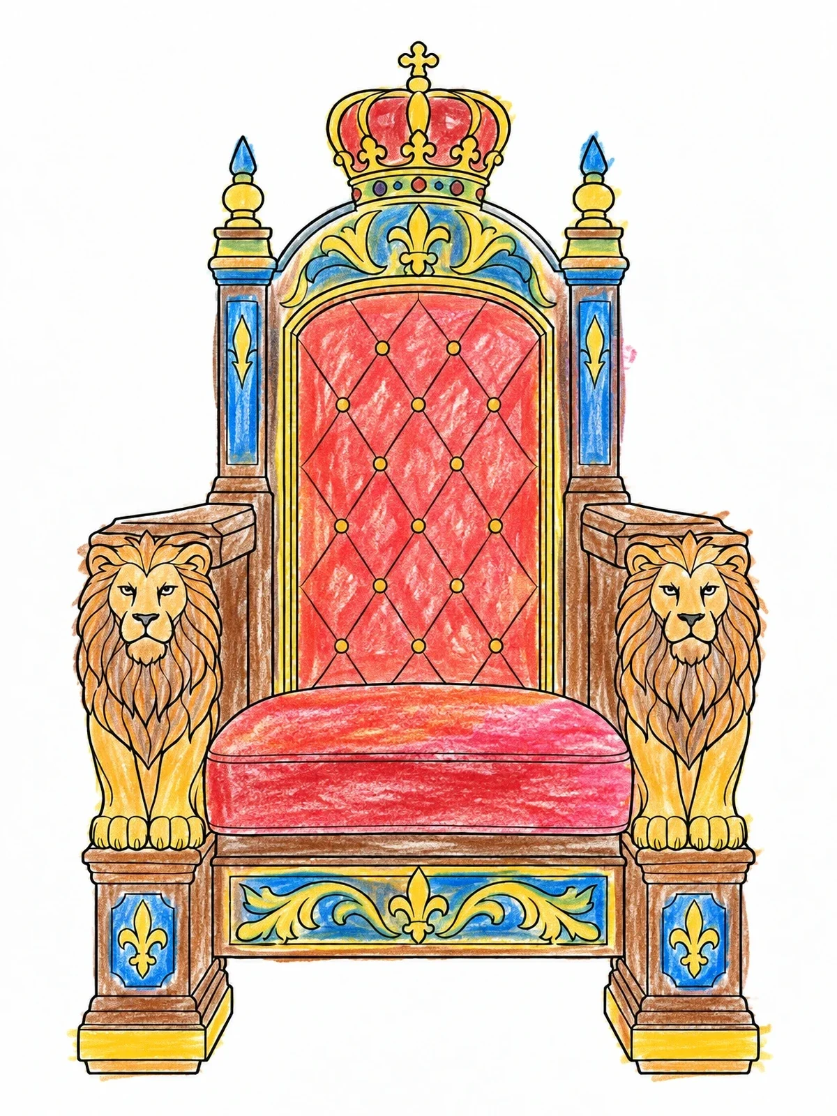 Colored example of the Royal Lion Throne With Crown coloring page