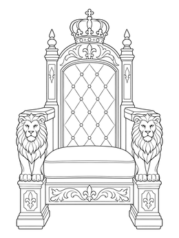 An ornate royal throne with lion armrests and crown in this esther coloring page.
