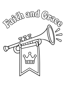 A royal trumpet and banner in this esther coloring page with faith and grace text.