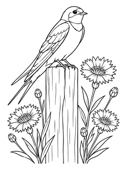 A barn swallow sits atop a fence post with cornflowers in this Estonia coloring page.