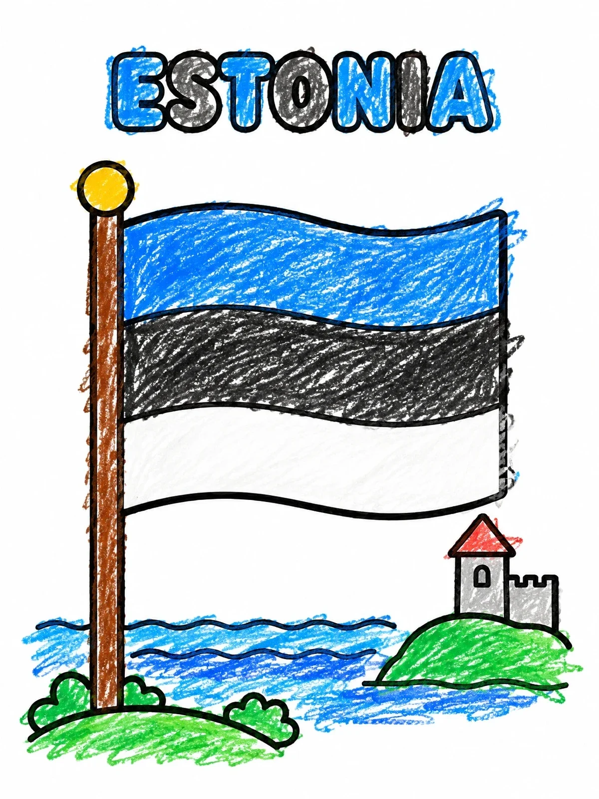 Colored example of the Flag Of Estonia With Castle coloring page