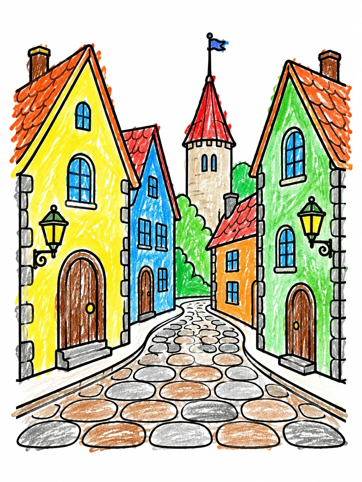 Colored example of the Historic Tallinn Old Town Street coloring page