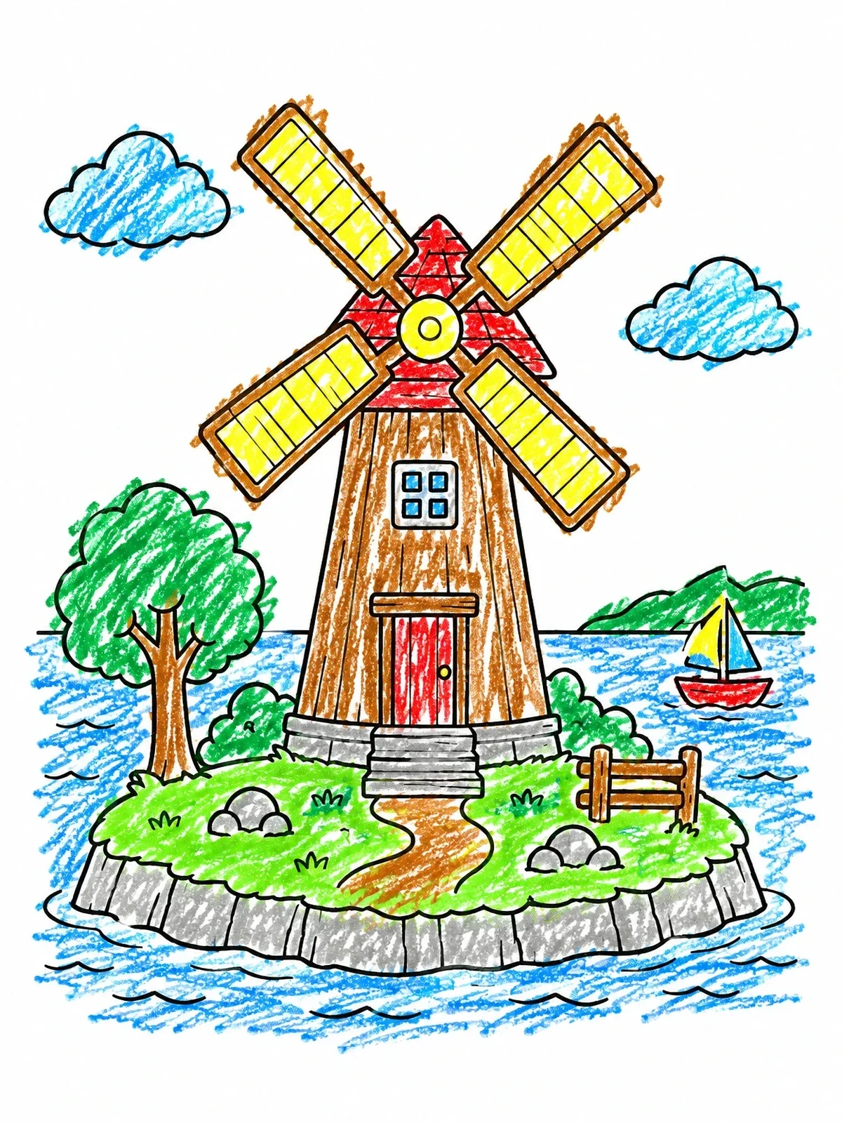 Colored example of the Traditional Island Windmill By Sea coloring page