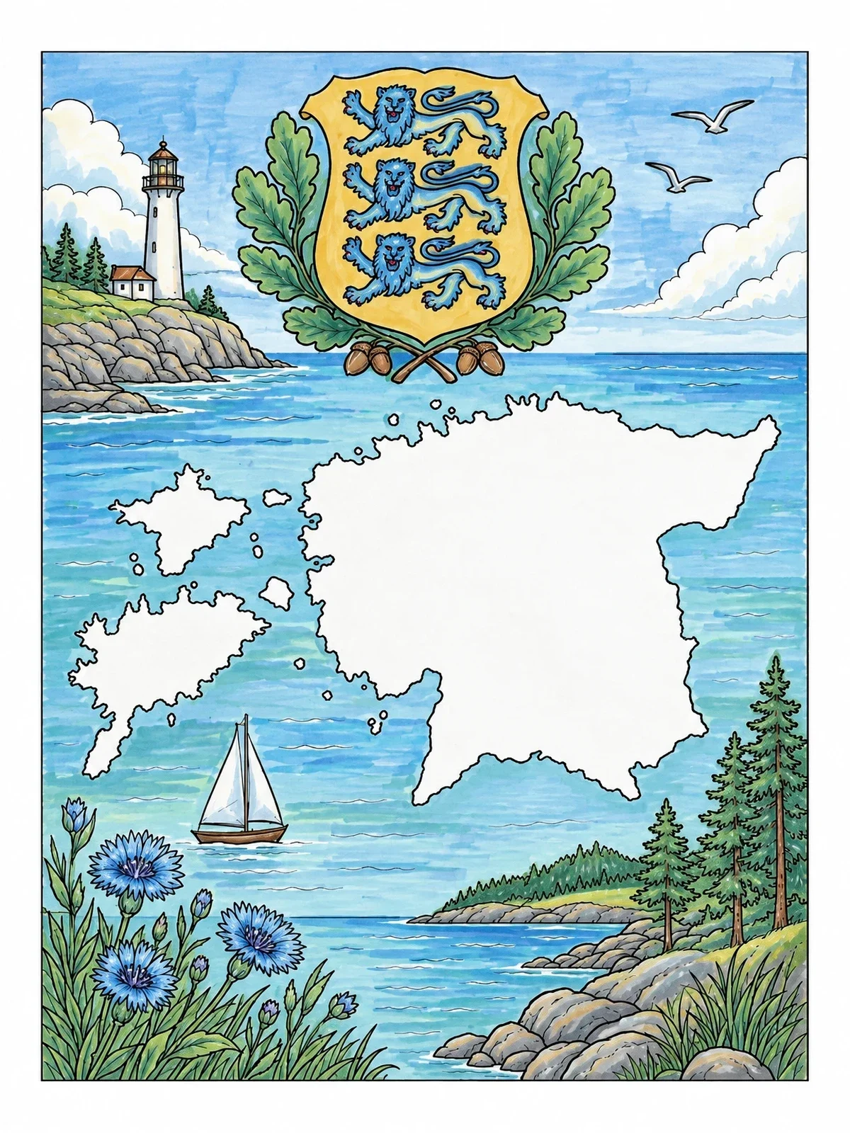 Colored example of the Estonia Map With Coat Of Arms coloring page