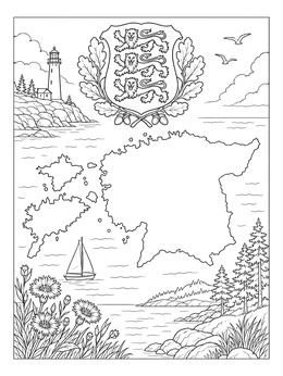 An estonia coloring page featuring a map outline, the national coat of arms, lighthouse, and cornflowers.