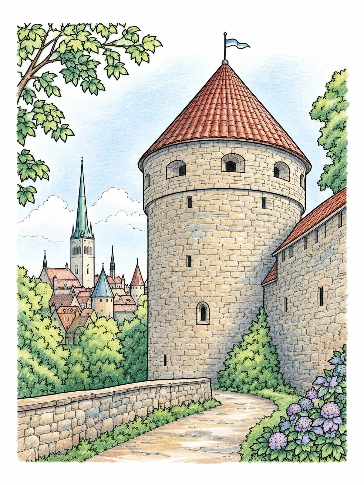Colored example of the Tallinn Medieval Tower And City Walls coloring page