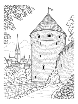 Historic stone fortress in an Estonia coloring page showing Tallinn towers and spires.