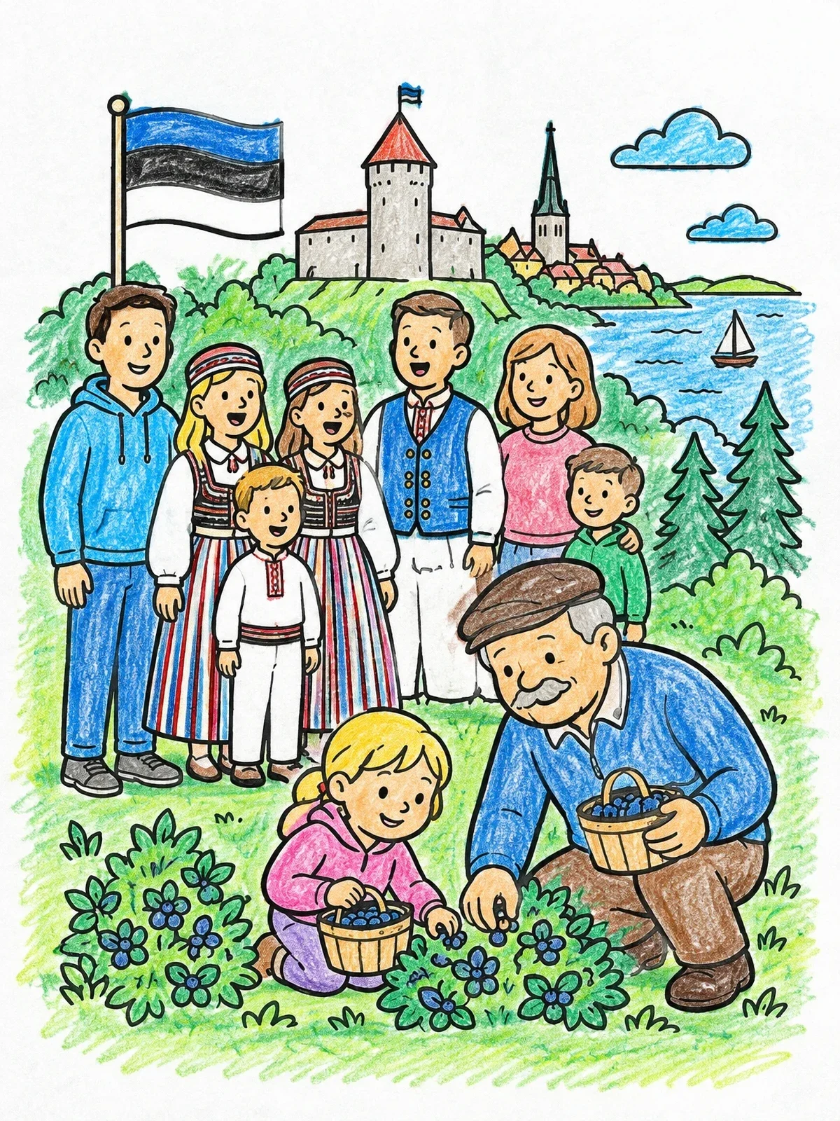 Colored example of the Estonian Family And Berry Picking coloring page