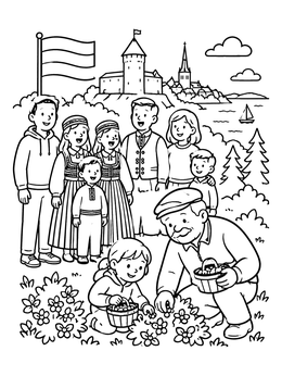 Free printable Estonian Family And Berry Picking coloring page