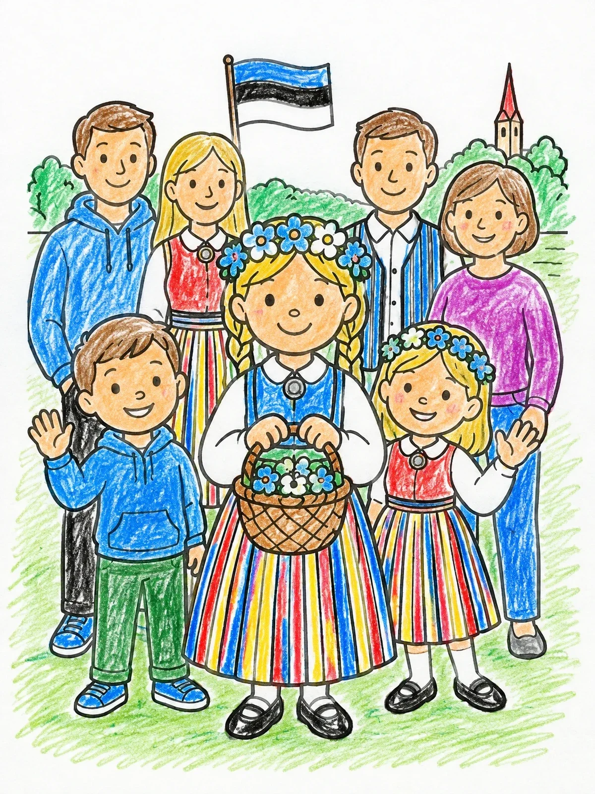 Colored example of the Estonian Family In Folk Dress coloring page