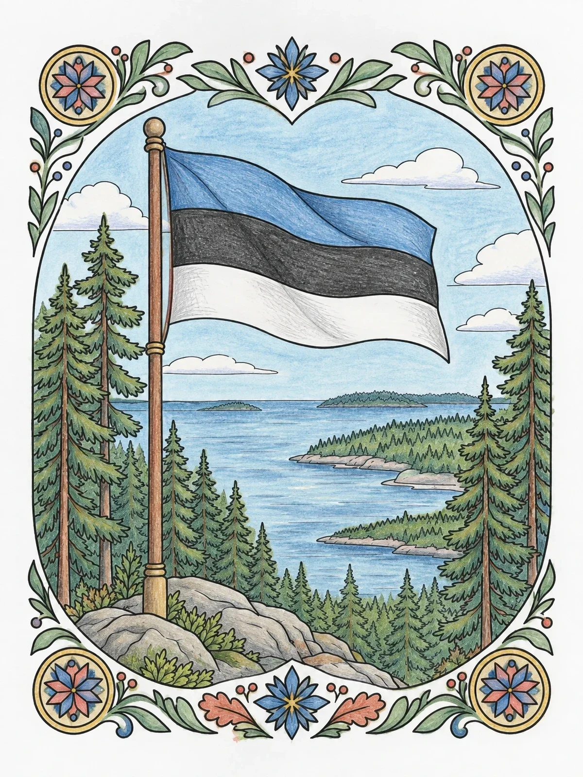 Colored example of the Estonian Flag Over Pine Coast coloring page