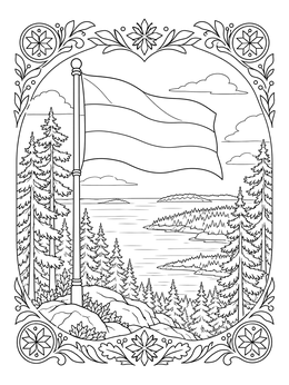 An estonia coloring page showing the national flag waving above a coastal pine forest.