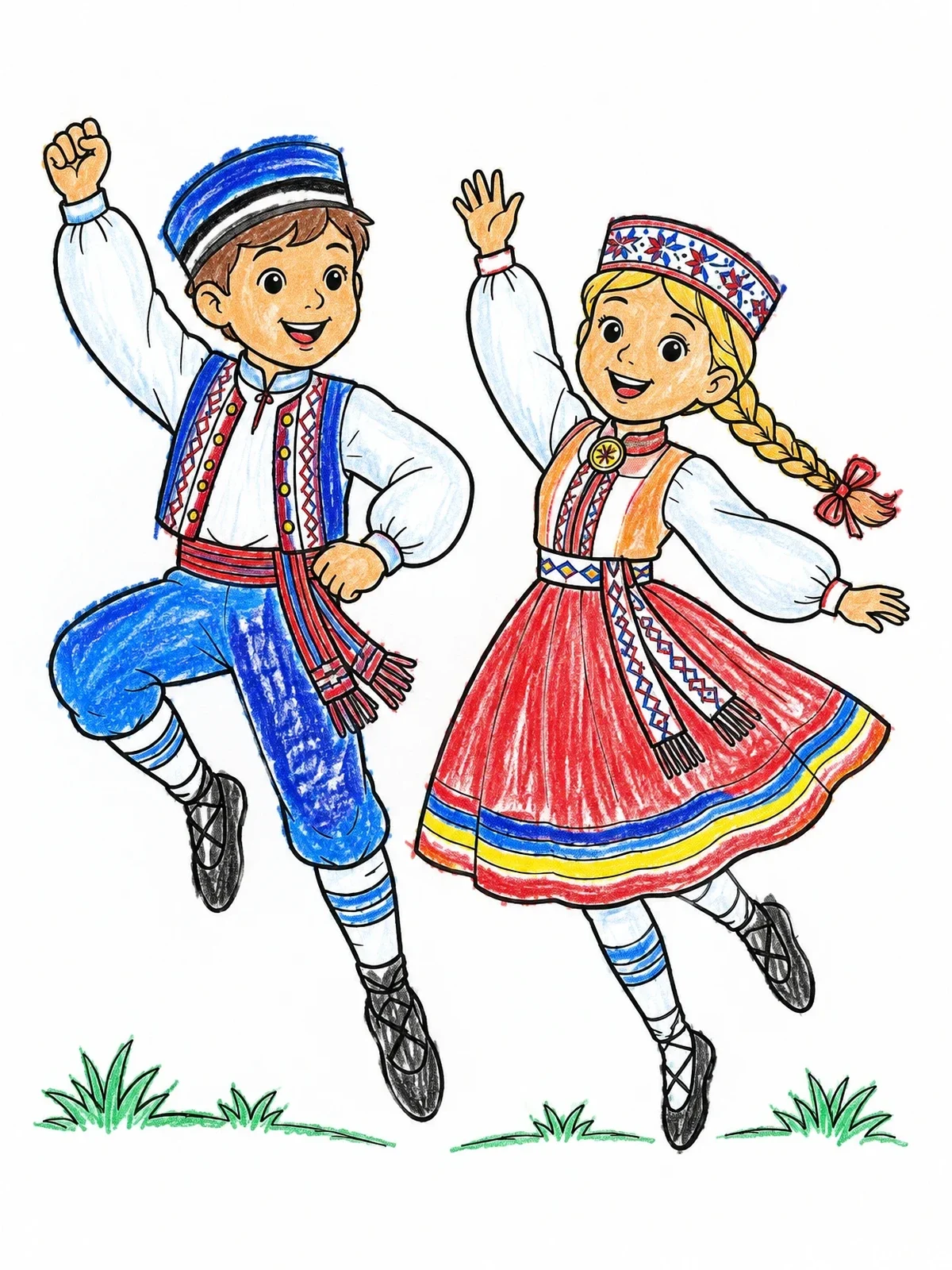 Colored example of the Estonian Folk Dancers Leaping Happily coloring page